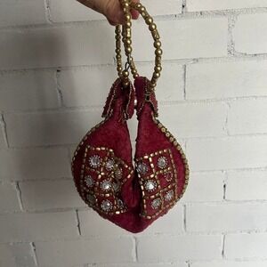 Pink Velvet Gold Beaded Handle Clutch Handbag Rhinestone Vintage Party Glam